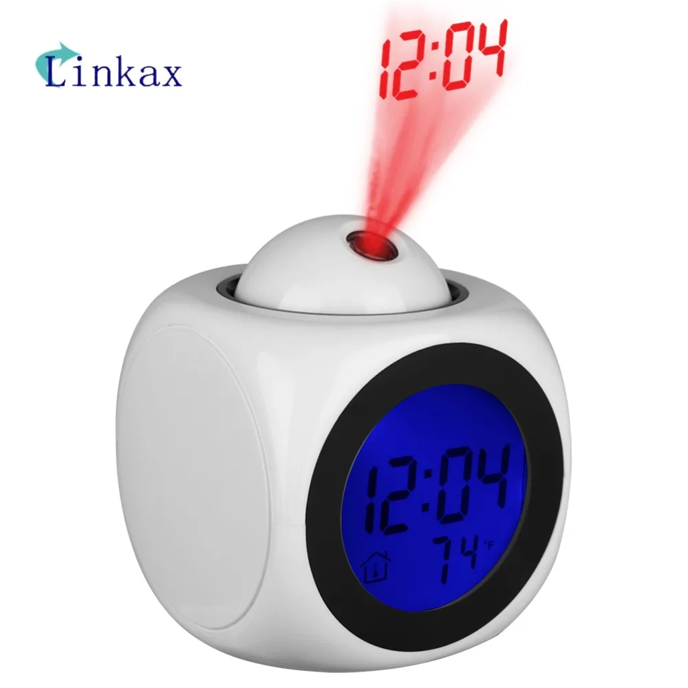 

LCD Projection Alarm Clock LED Display Time Digital Alarm Clock Talking Voice Prompt Thermometer Snooze Function Desk Clock