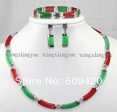 

hot sell >>Charming Red & Green Jade Link Necklace Bracelet earrings Set