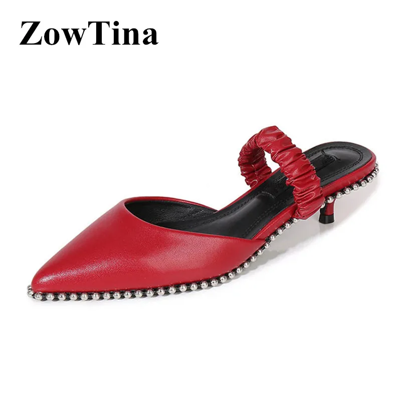 

Red Leather Women Dress Pumps Pointed Toe Formal Ladies Wedding Shoes Design Studded Rivets Single Sandals Low Heels Slippers