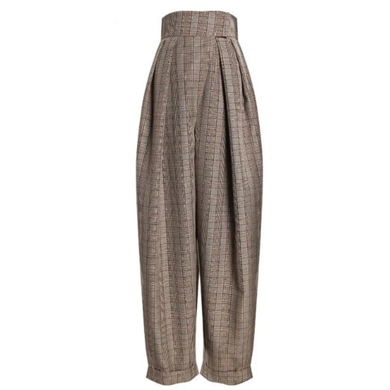 2019 Spring High Waist Loose Check Plaid Harem Pants Women Vintage Full Length Trousers Femme Casual Retro long Pants