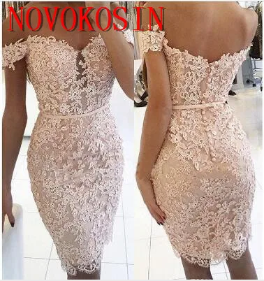 

2019 Sexy Short Sheath Sexy Formal Cocktail Prom Dress Off the Shoulder Blush Pink Lace Buttons Homecoming Dress