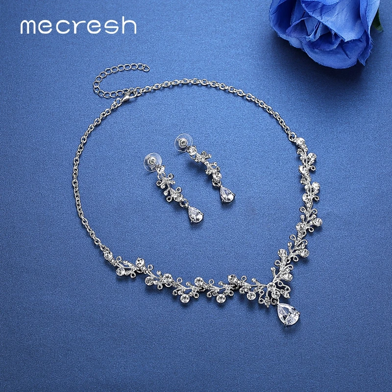 Mecresh серебряный цвет цветок Свадебное Ожерелье Комплект сережек для женщин роскошный сердце Кристал для свадьбы, помолвки Ювелирные наборы TL310