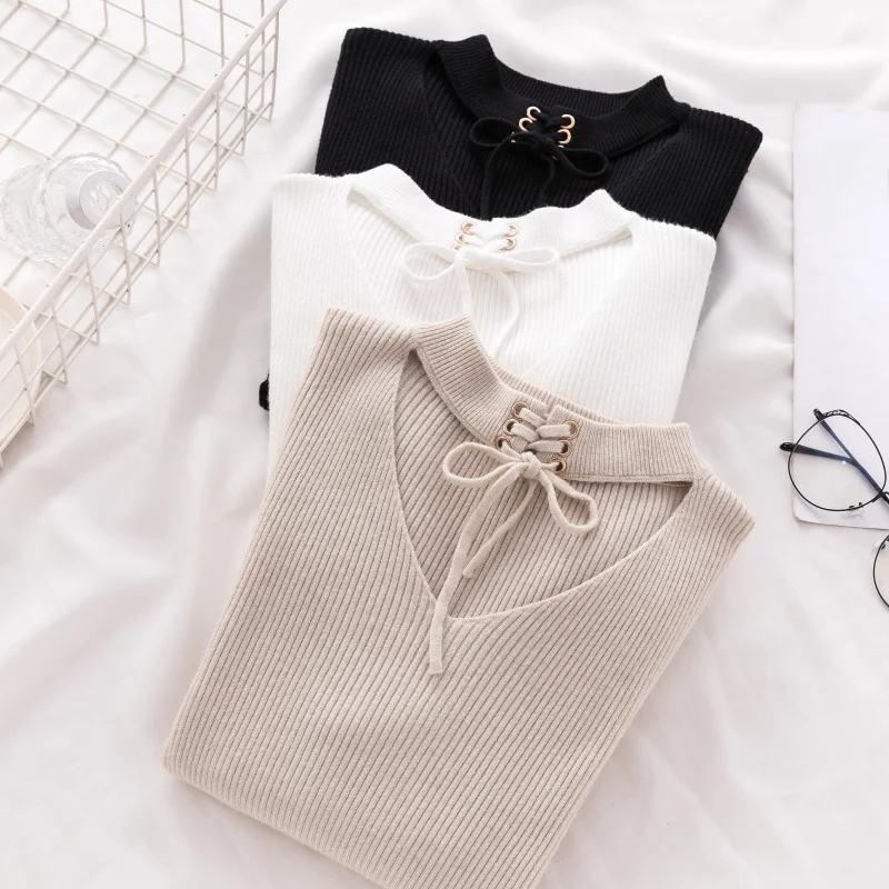 AOSSVIAO 2021 Casual Spring Women Slim Sweater Winter Knitted Lace Up Long Sleeve Knitting Pullover Womens Sweaters | Женская одежда