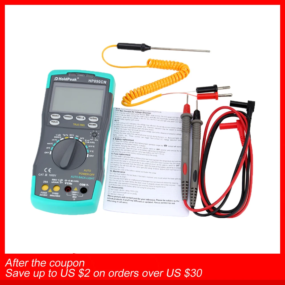 

Holdpeak HP-890cn Digital Multimeter Backlight AC/DC Ammeter Voltmeter Ohm Portable Meter Resistance Frequency Test