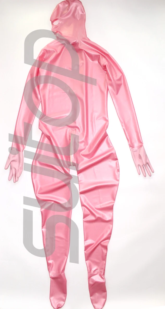 Полный Чехол латексный комбинезон резиновый zentai с задней 3 молнии перчатки, носки и капюшоны attahced в розовый металлик