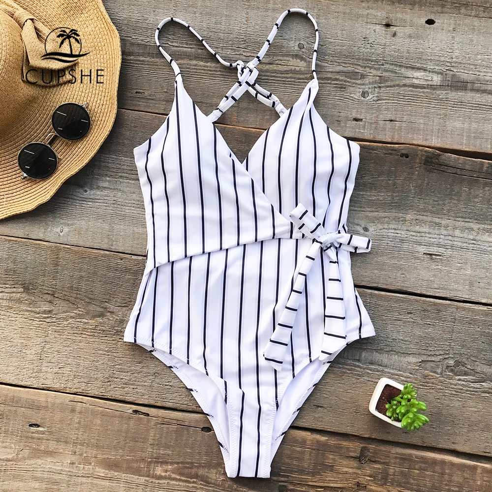 CUPSHE Stay Young Stripe One-piece Swimsuit Deep V neck Summer Sexy Backless Bikini Set Ladies Beach Bathing Suit Swimwear white sexy deep v neck backless swimwear