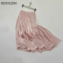 Женская плиссированная розовая юбка на весну и лето, эластичная талия, длинная юбка выше колена, элегантная Роскошная блестящая шелковистая юбка с жемчугом для офиса, юбки для девочек