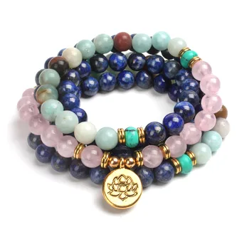 

Lapis lazuli, amazonite crystal mala bracelet or necklace 108 prayer beads women yoga gift Lotus, Buddha, OM