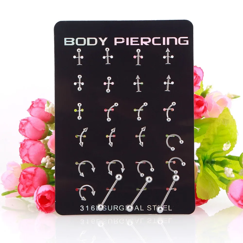 

24Pcs/Set Surgical Steel Gold Candy Color Bar Cartilage Eyebrow Nipple Nose Tongue Ear Ring Body Piercing Jewelry