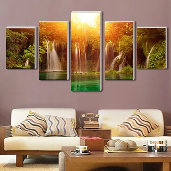 

5 Panel/Set Abstract Canvas Art Waterfall with Yellow Sun Scenery Landscape Wall Picture Print Painting For Living Room Unframed