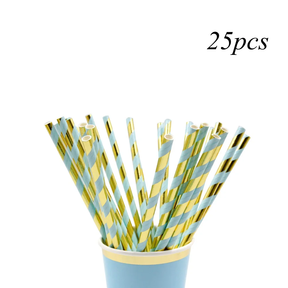 1 комплект розовый/синий бумажный стаканчик/тарелка/соломинки золотой край одноразовая посуда набор стол для украшения детского душа день рождения принадлежности - Цвет: 25pcs blue straws
