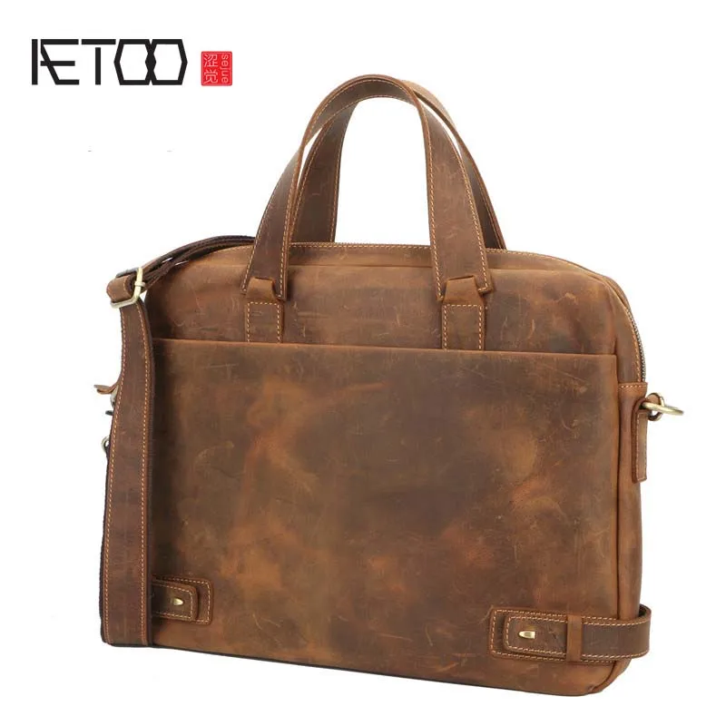

AETOO Crazy Horse Genuine Leather Men's Bags Crossbody Bags Zipper vintage messenger bag men's shoulder bag genuine leather