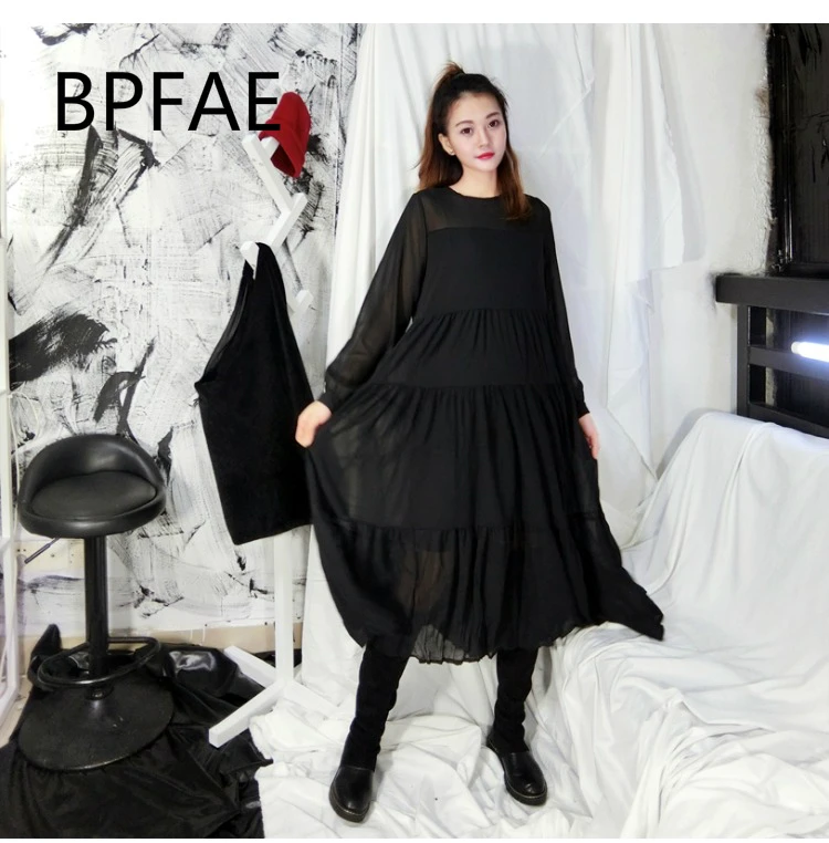 

2019 Spring New Sweet Chiffon Dress Women Long Sleeve Ruffles Black/White Loose Beach Long Dresses Female Vestido Plus Size