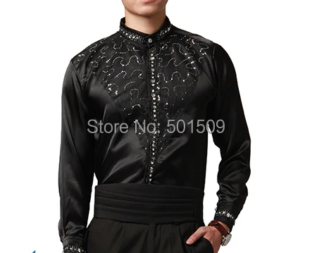 

Free shipping sequins beading collar prince stage black mens tuxedo shirts party/event shirts