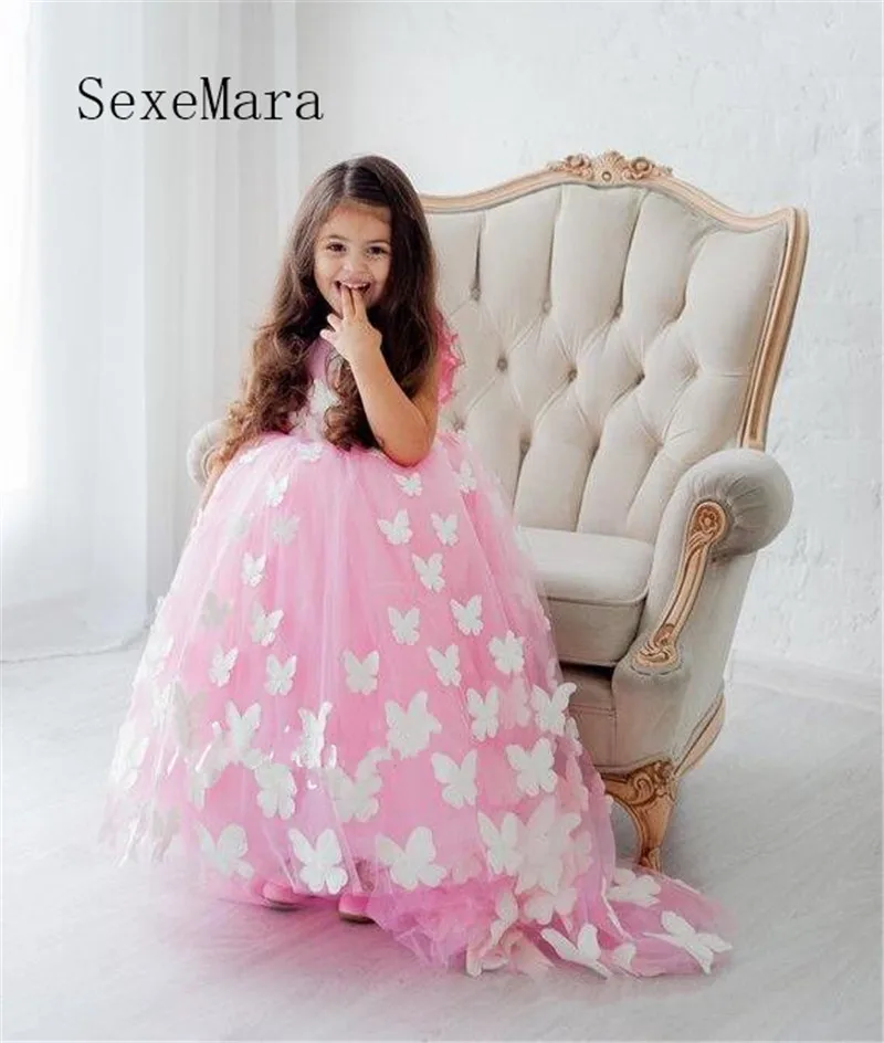

Flower Girl Dresses Tulle 3D Butterfly Appliqued Pageant Dresses For Girls First Communion Dresses Kids Prom Gowns