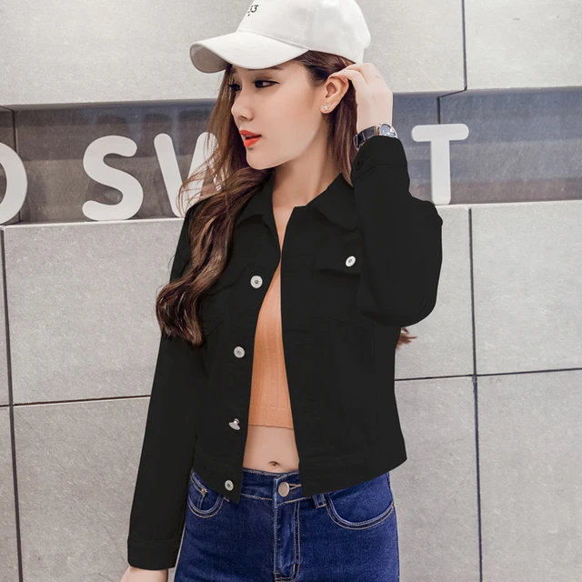 2018 Fashion Jeans Jacket Women Spring 2XL XL Autumn Hand Brush Long Sleeve Stretch Short Denim Jacket White Pink Coats C7D334A 1