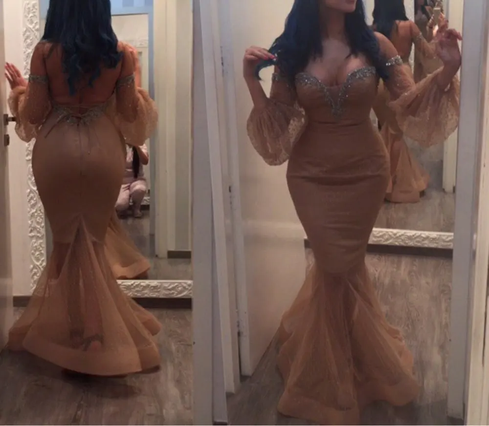 

Champagne Beaded Mermaid Backless Long Evening Dresses 2015 Off the Shoulder Long Sleeves Evening Gowns Dubai Arabic Dresses