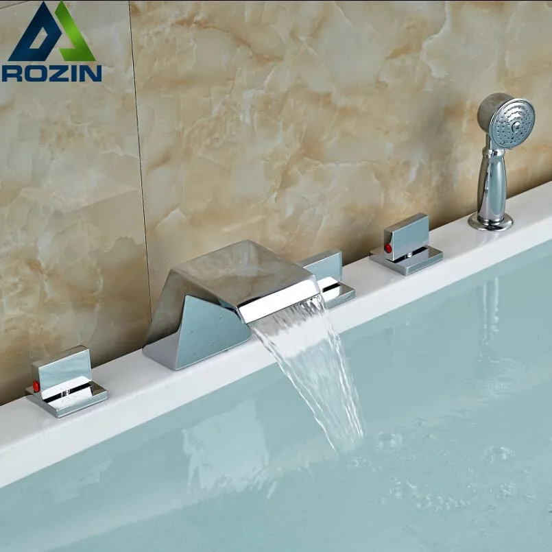 

Chrome Waterfall Bath Tub Sink Crane Taps Widespread Waterfall Bath Spout with Handshower Bathtub Mixer Faucet