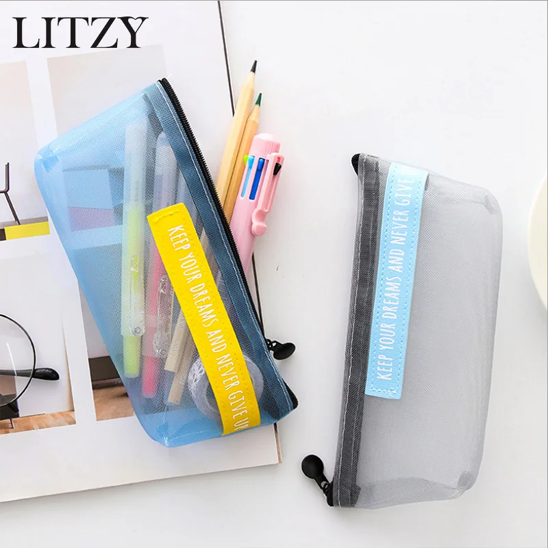 

Simple Transparent Mesh Pencil Case Office Student Pencil Cases Nylon Letter Pen Bag School Supplies Pen Box Stationery for Girl