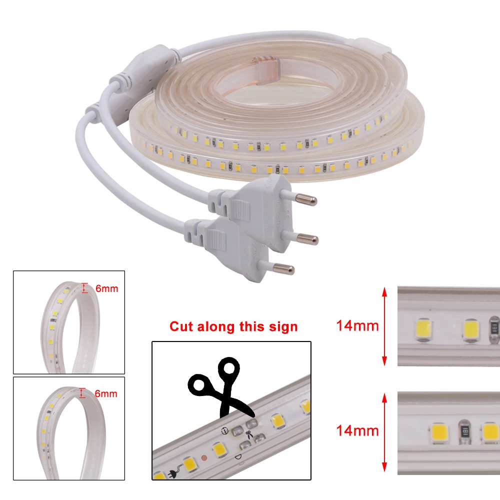 XUNATA 220V SMD2835 120Leds/m LED Strip Flexible Led Ribbon Waterproof No Lead Led Tape With EU Plug for Home Decor Lamp Fixture