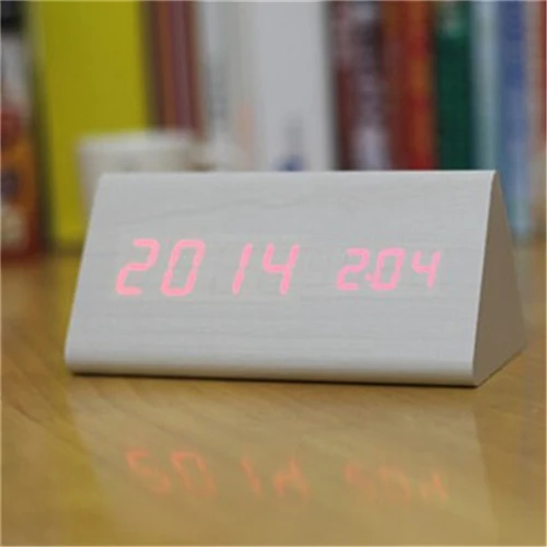 Акустический контроль календарь термометр с сигнализацией деревянные треугольные Часы светодиодный дисплей цифровые часы с секундами xyzTime-6035B-Clock - Цвет: White clock Red