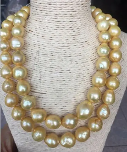 

double strands gorgeous 13-14mm south sea round gold pearl necklace 18"19"