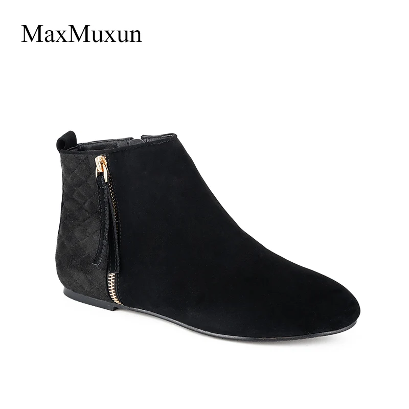 Super MaxMuxun Women Booties Classic Black Flat Heel Ankle Boots For OK-09