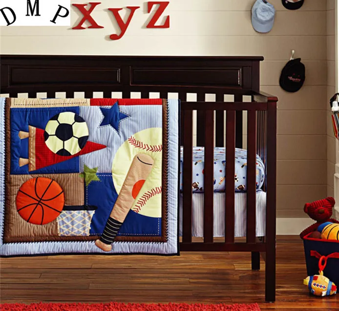 

Promotion! 6PCS baby Crib bedding set Cot set Embroidered Quilt Bumper Sheet Dust Ruffle for boy bed (bumper+duvet+bed cover)