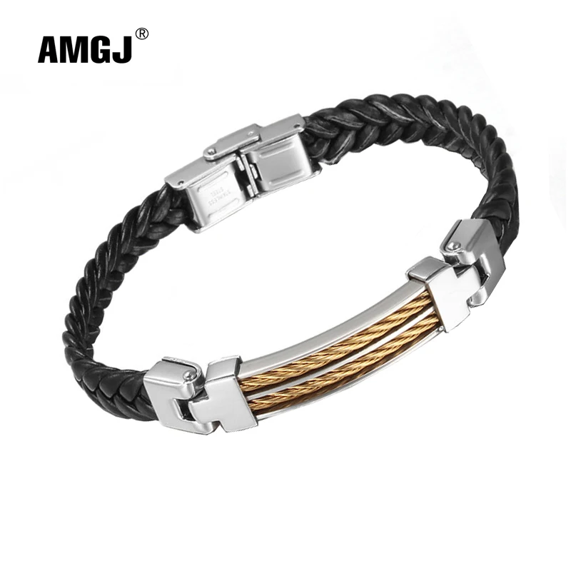 

Amgj Fashion Black Leather Bracelets Men Jewelry Stainless Steel Wire Hot Sales Aliexpress Punk Male Bangle Gift