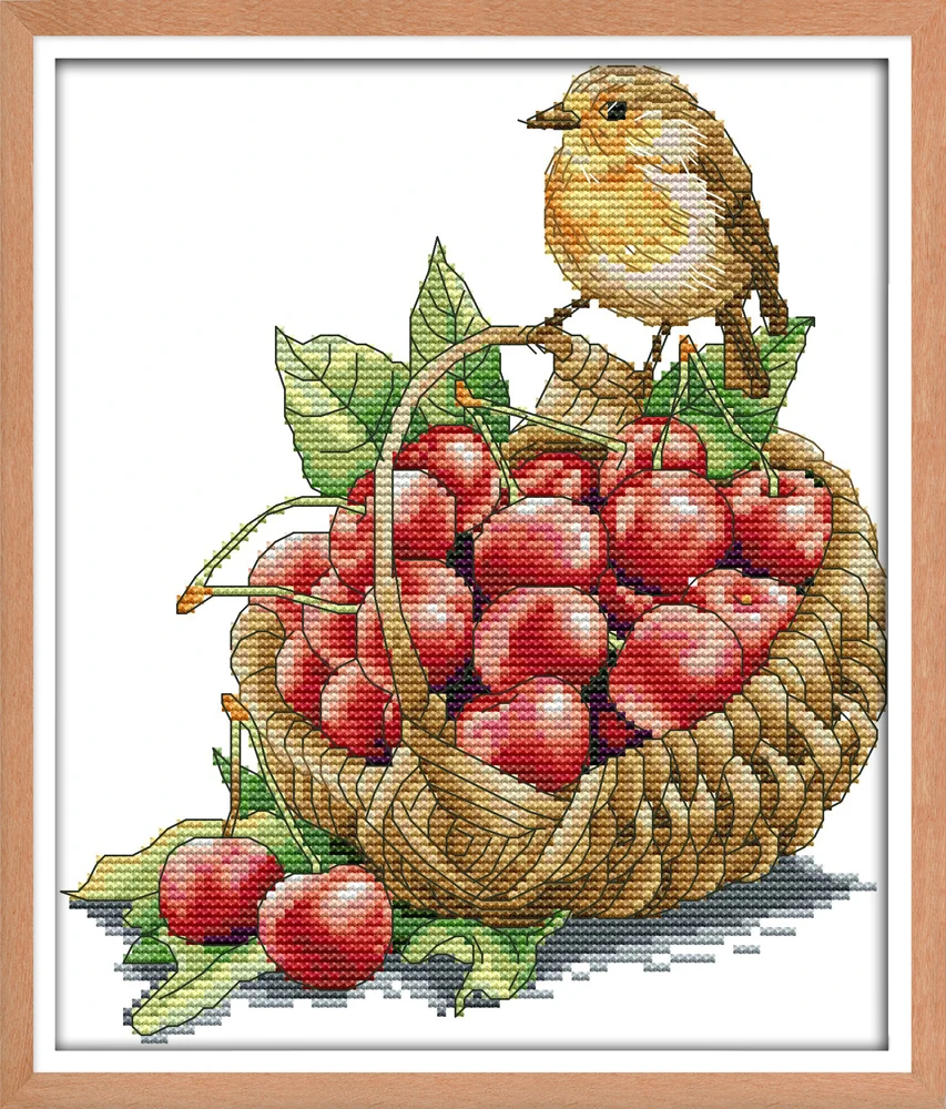 

Bird and cherries cross stitch kit aida 14ct 11ct count printed canvas stitches embroidery DIY handmade needlework