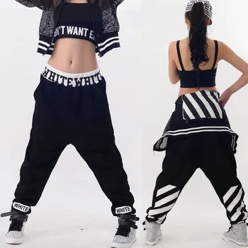 

Kids Adult loose Jazz Harem Hip hop dance Pants Costumes stage performance wear Black White Strip Trousers