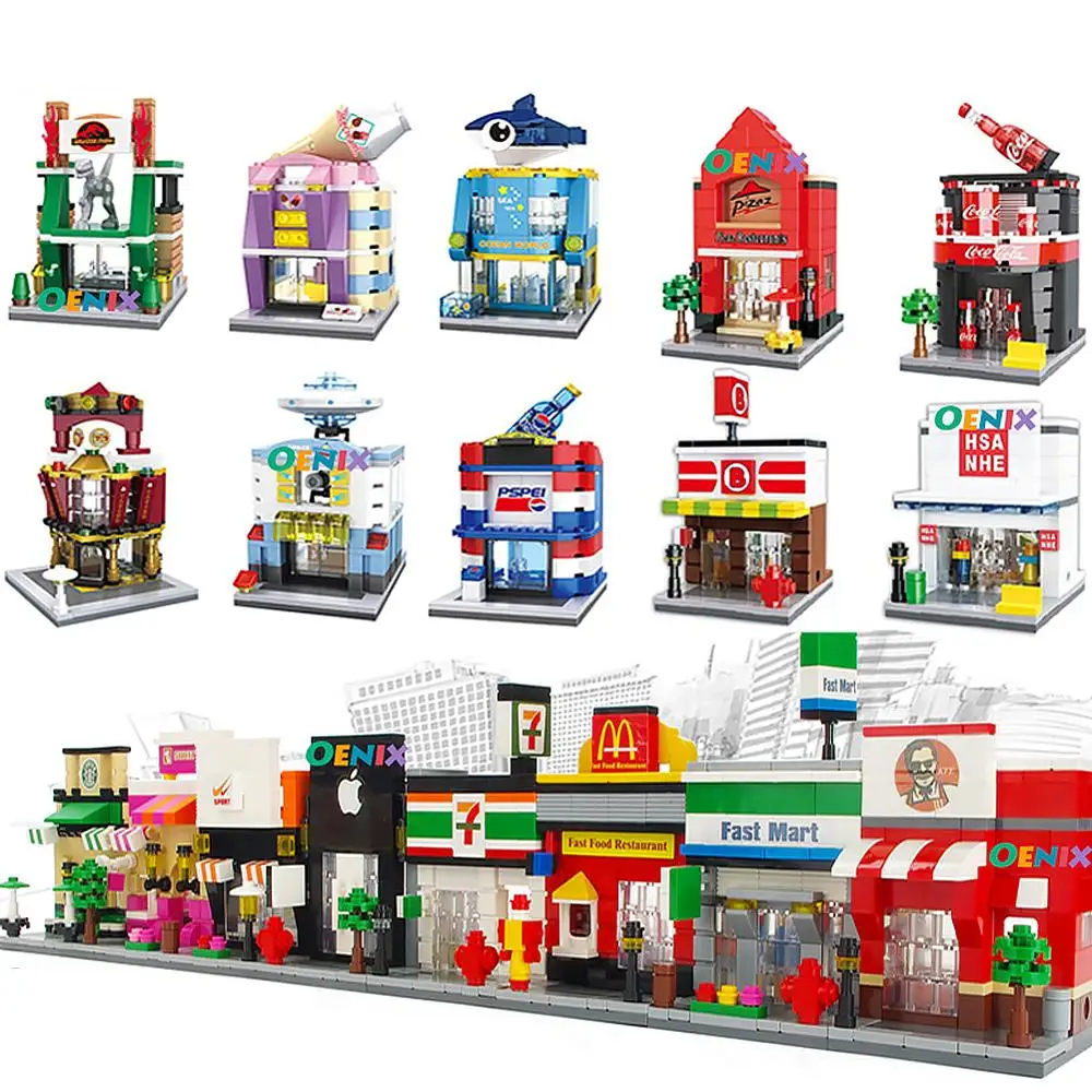 

HSANHE 24 types mini Street View Building Blocks small particle Coffee shop Convenient store block toys for children DIY gifts