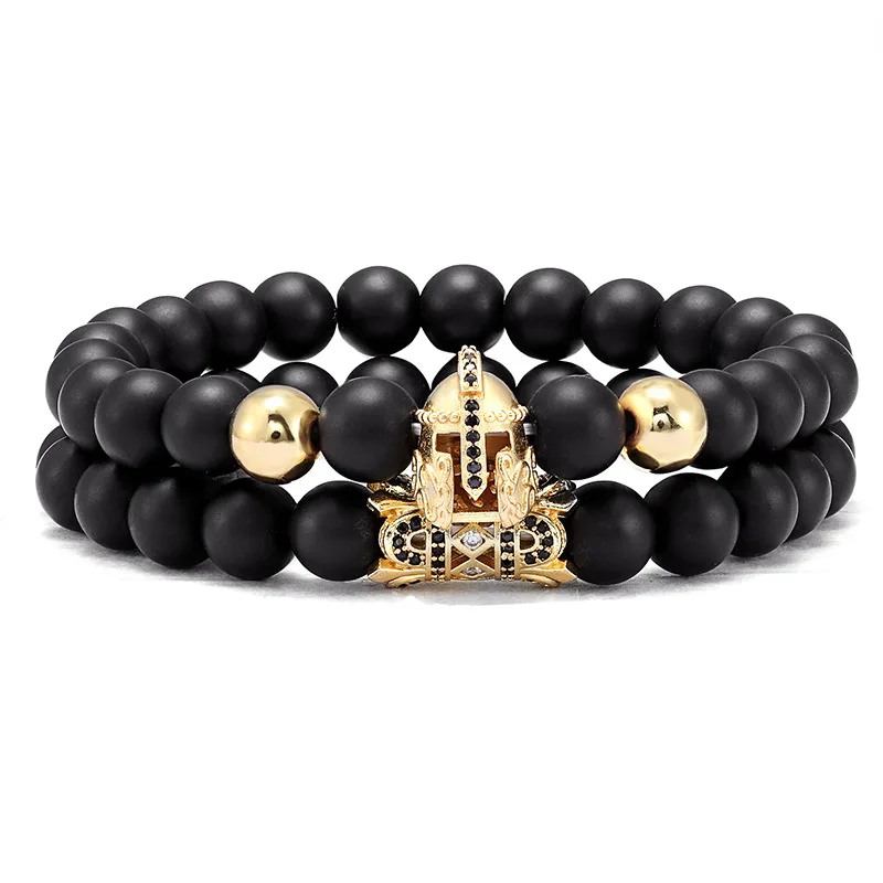 

2 piece set / retro knight helmet mask men's bracelet punk stone bead bracelet yoga fashion bracelet jewelry gift