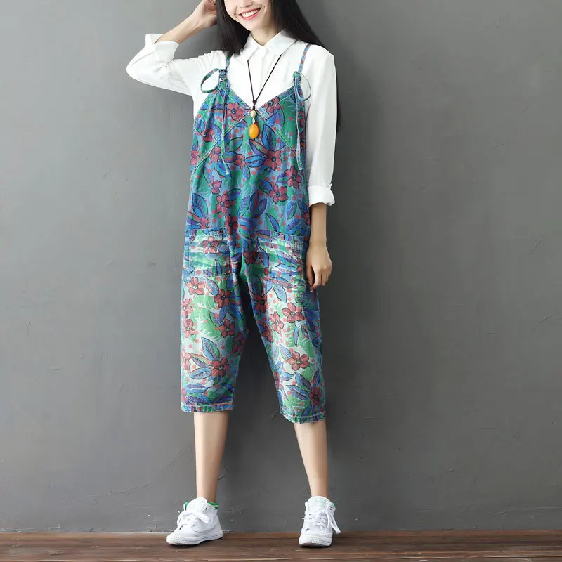 Casual Print Flower Denim Overalls Plus Size Loose Vintage Women