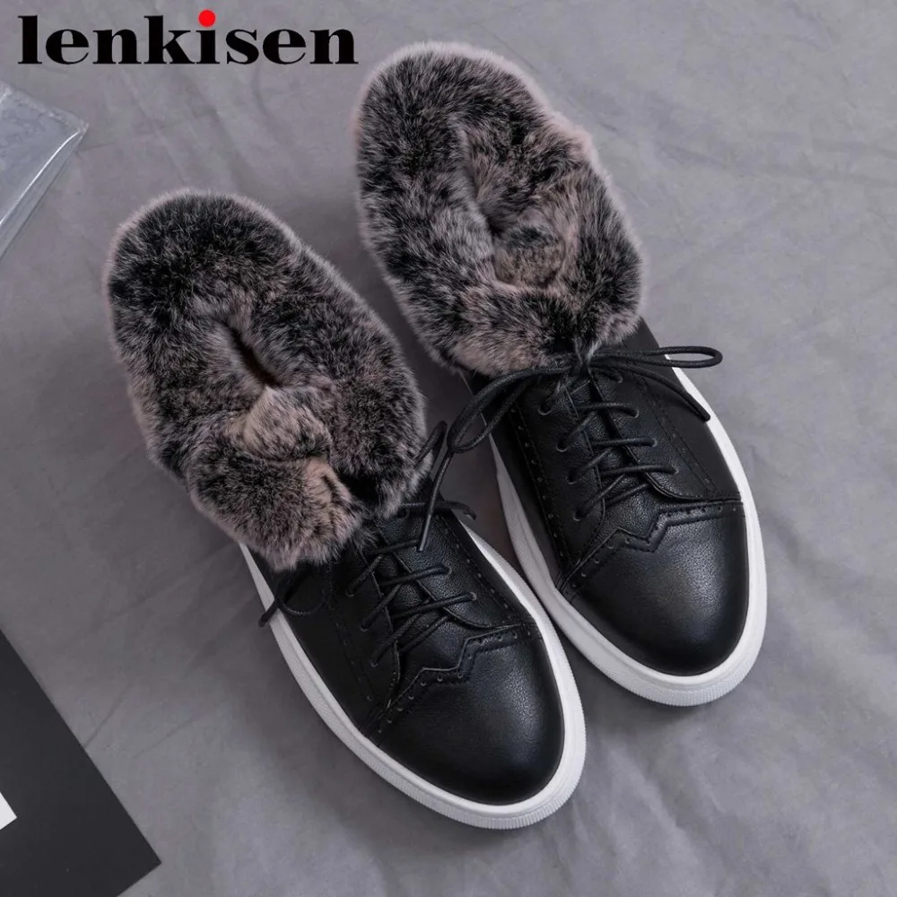 

Lenkisen luxury soft rabbit fur genuine leather winter warmful platform med thick bottom lace up vulcanized casual shoes L73