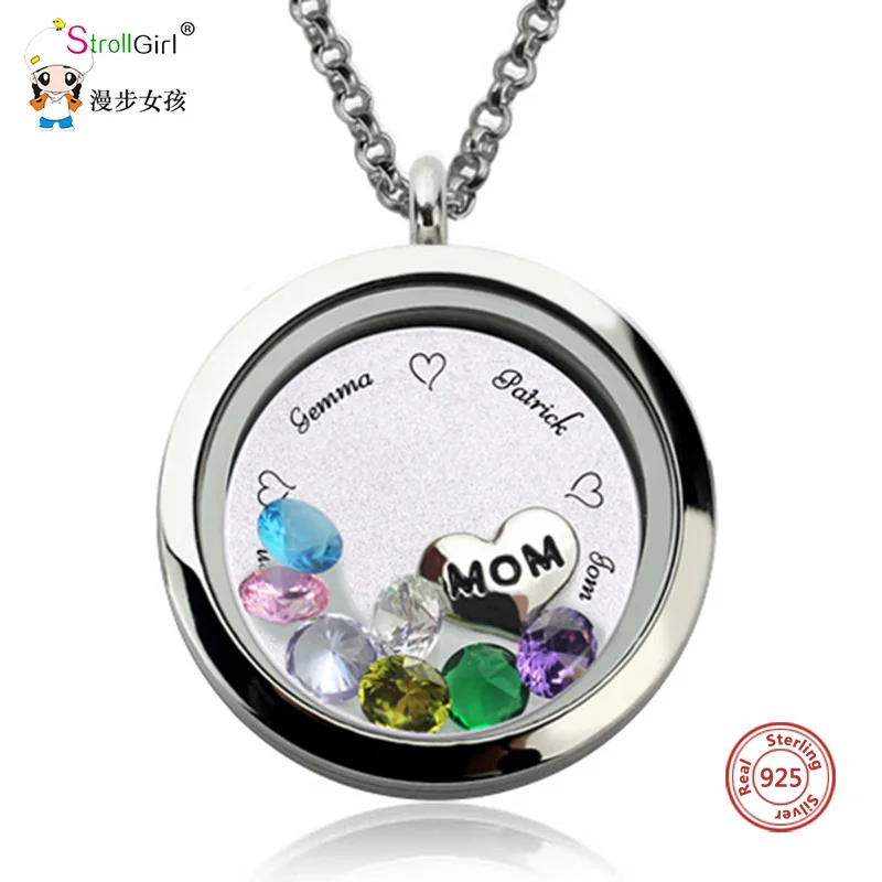 

Personalized 925 Silver Pendant Necklace Custom Crystal Engraved Letter Mother Jewelry Chain Floating Charm Locket Family Gift