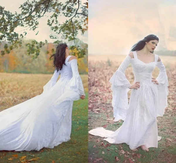Fantasy Fairy Medieval Lace Up Wedding Gowns Custom Off Shoulder Bell Long Sleeves A Line Court Train White Chiffon and Lace Bridal Gowns