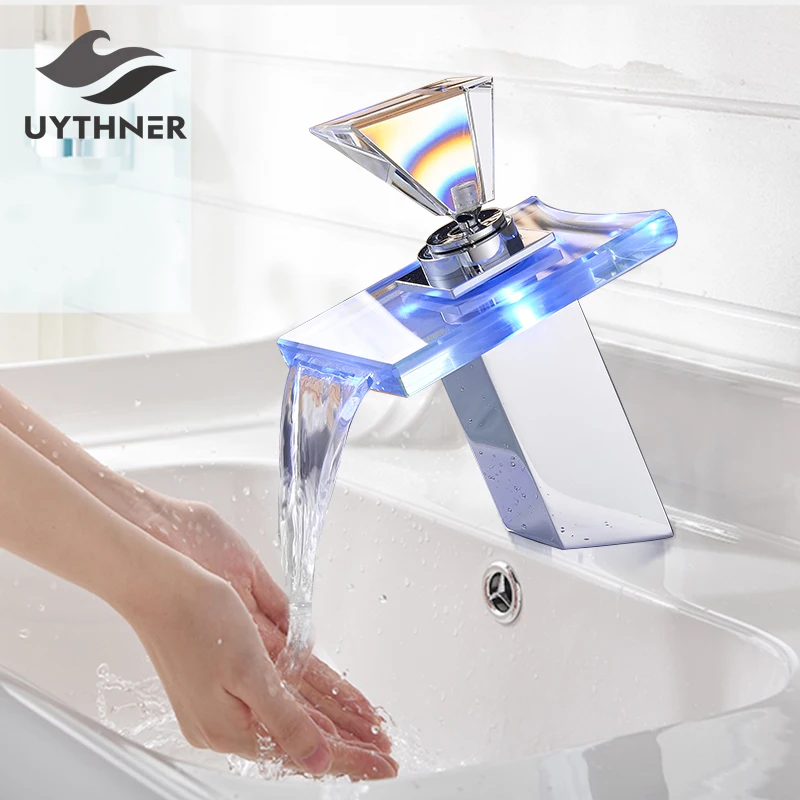 Chrome Polish LED light Bathroom Sink Faucet Basin Hot and Cold Water