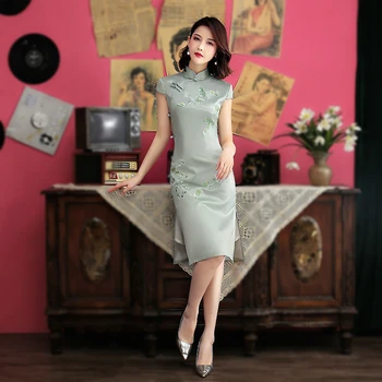 

SHENG COCO Female Chinese Cheongsam Embroidery Flower Knee Evening Dress Silk Qipao Solid Color Qi Pao pink Cheongsam Dress