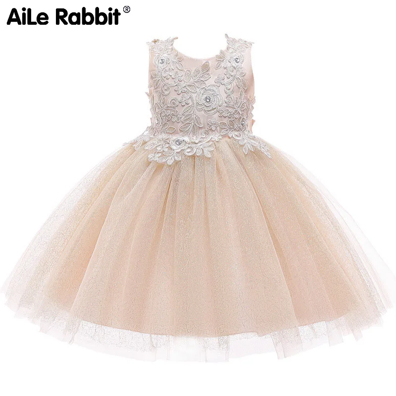 

AiLe Rabbit 2019 children new girls dress lace veil champagne splicing bitter fleabane bitter fleabane