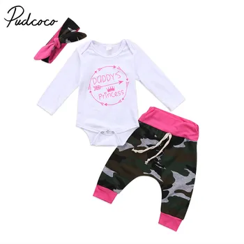 

2018 Brand New Princess Toddler Infant Newborn Baby Girls Clothes Long Sleeve Bodysuit Pants Leggings Headband 3Pcs Camo Outfits