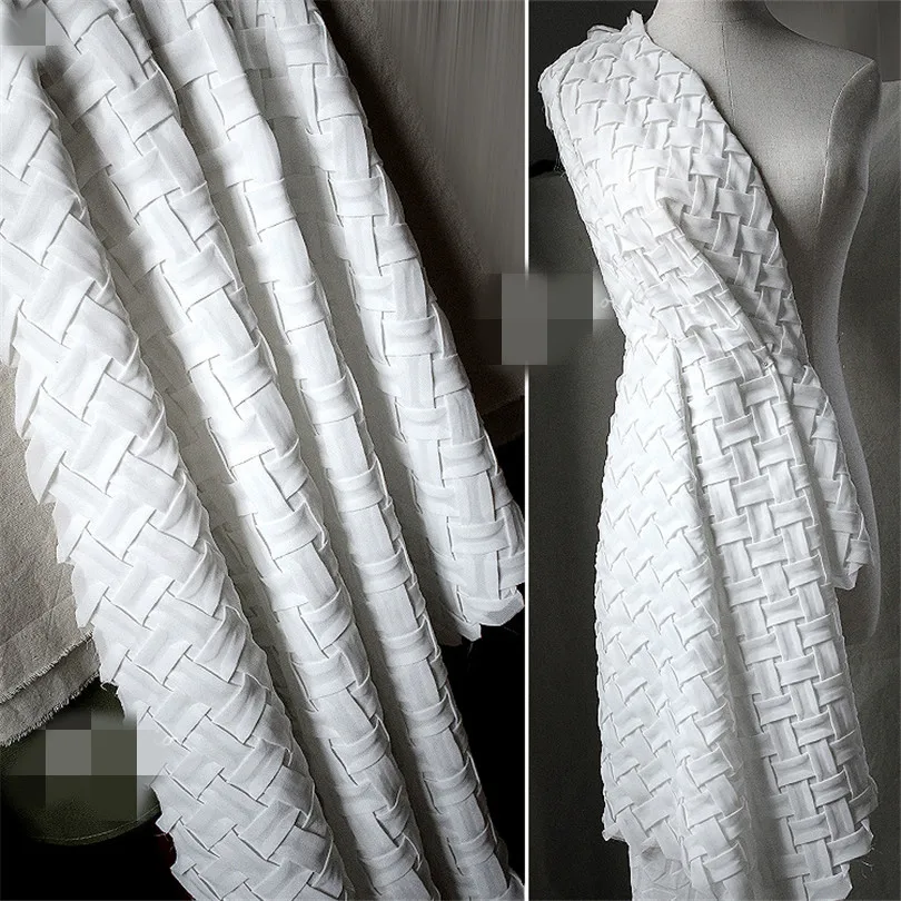 

80cm*60cm/piece Plaited original designer fabric white chiffon braid three-dimensional fabric garment geometric braid fabric tra