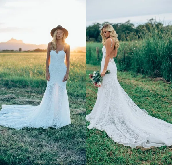 

Sexy Bohemian Wedding Dresses 2019 Open Back Full Lace Beach Garden Bridal Gowns Spaghetti Straps Boho Court Vestidos de novia