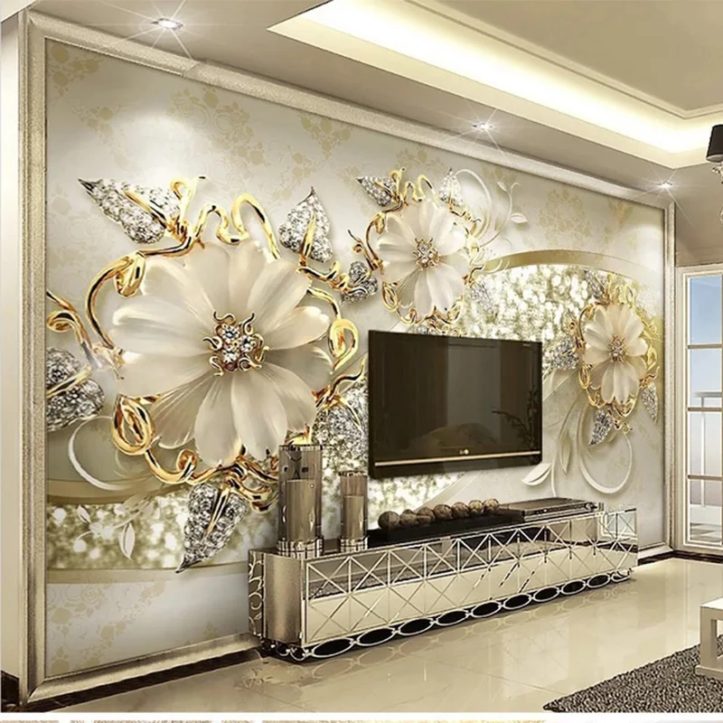 

Custom 3D Fabric Textile Wallcoverings For Walls Matt Silk For Living Room TV Background Murals Flower With Diamond European