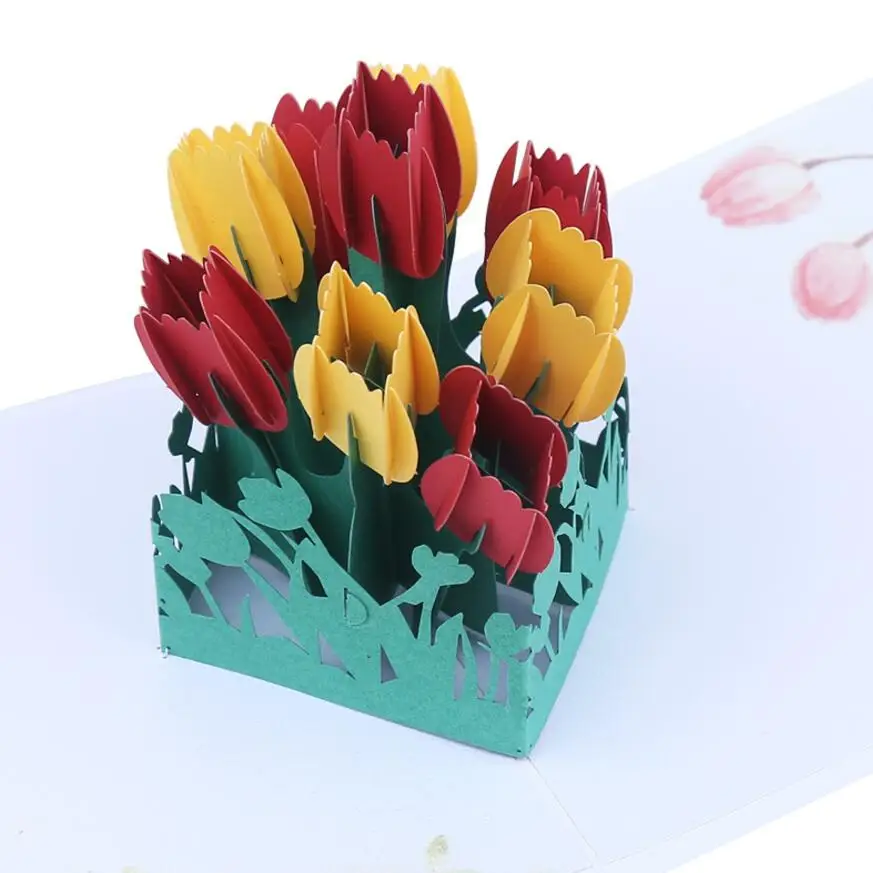  10pcs Handmade Kirigami Origami Tulips Flower 3D Pop UP Greeting Cards Invitation card For Wedding  - 32981579396