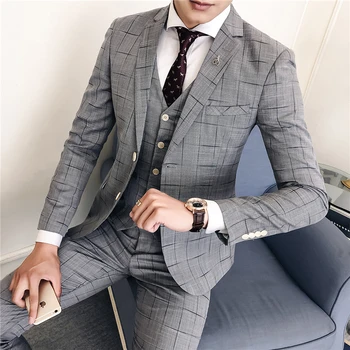 

Stretch Small Single-breasted mens Plaid Suit Jacket + Vest + Pants, Business Wedding Banquet Men Suit 3 Piece Set S-3XL
