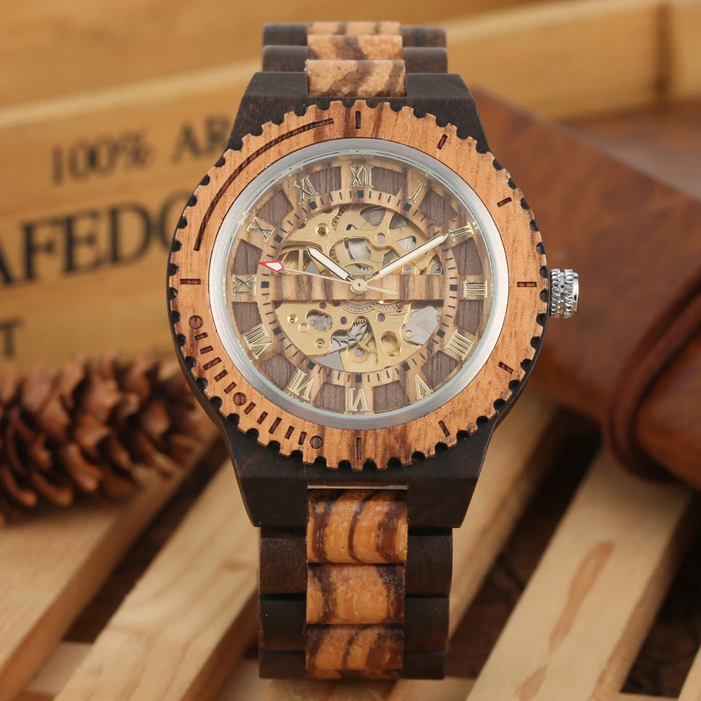 Мужские часы черное дерево механические часы с автоматическим заводом изысканный золотой циферблат с римскими цифрами наручные часы для мальчиков