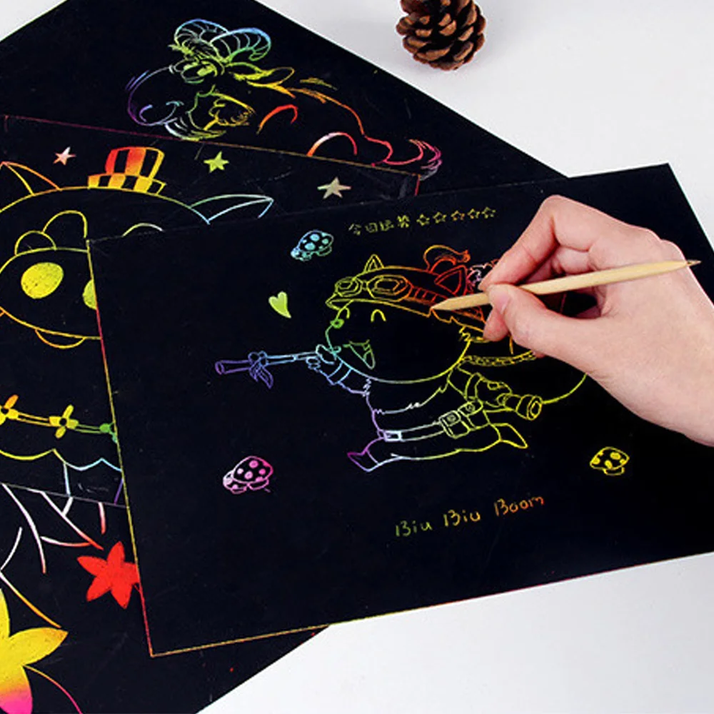 Enjoybay 10pcs Magic Color Scratch Art Paper 4K 8K 16K Coloring Cards Scraping Drawing Paper Educational Painting Toy for Kids