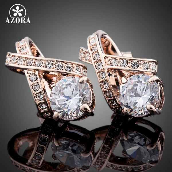 AZORA X Element Rose Gold Color Stellux Austrian Crystal Uique Design 2ct CZ Stud Earrings TE0073
