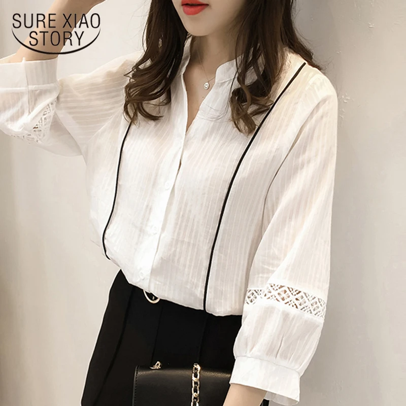 

fashion women blouse shirt long sleeved blouses white hollow out v-neck women tops office lady 2018 new women clothing 0657 40